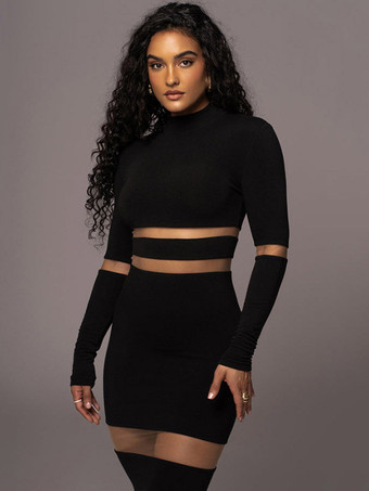 メッシュ パッチワーク ドレス 長袖 シースルー パーティー ボディコン ドレス