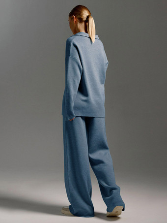 女性用ニットパンツセットドロップショルダープルオーバーとワイドレッグパンツ