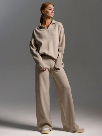 カーキ 女性用ニットパンツセットドロップショルダープルオーバーとワイドレッグパンツ