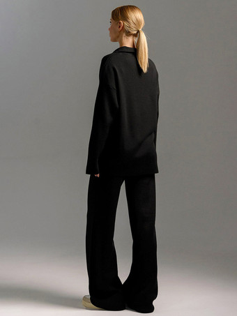 女性用ニットパンツセットドロップショルダープルオーバーとワイドレッグパンツ