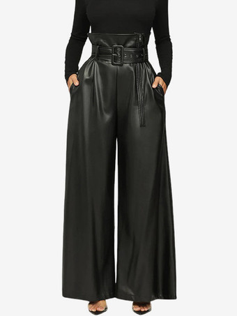 PU Leather Pants High Waist Belt Wide Legs Solid Color Women Trousers