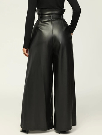 PU レザーパンツハイウエストベルトワイドレッグソリッドカラーの女性のズボン