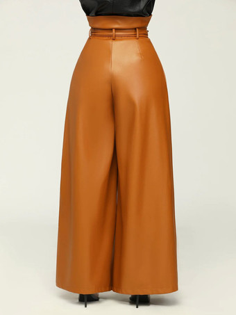 PU レザーパンツハイウエストベルトワイドレッグソリッドカラーの女性のズボン