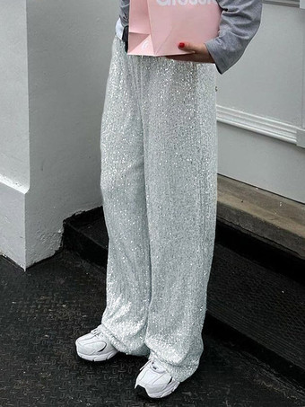 シルバー 女性のためのスパークルパンツハイウエストワイドレッグスパンコールシックなズボン