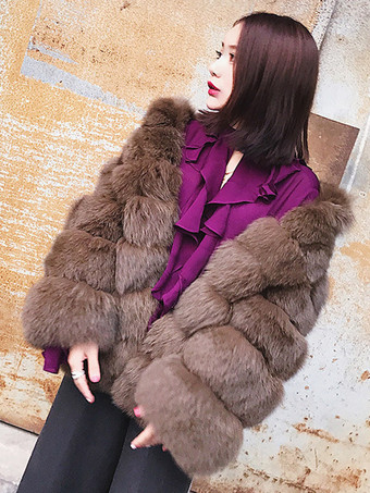 ブラウン フェイクファーコート スタンドカラー エコフレンドリー 無地 ミディジャケット レディース 2025