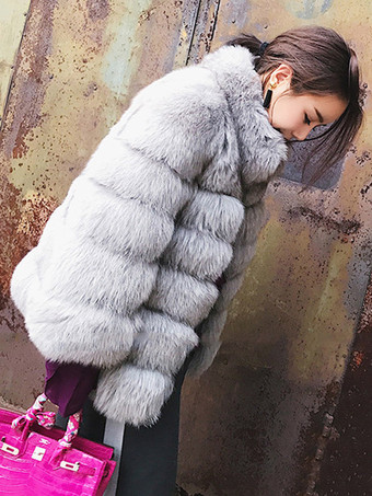 ライトグレー フェイクファーコート スタンドカラー エコフレンドリー 無地 ミディジャケット レディース 2025