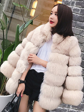 アイボリー フェイクファーコート スタンドカラー エコフレンドリー 無地 ミディジャケット レディース 2025