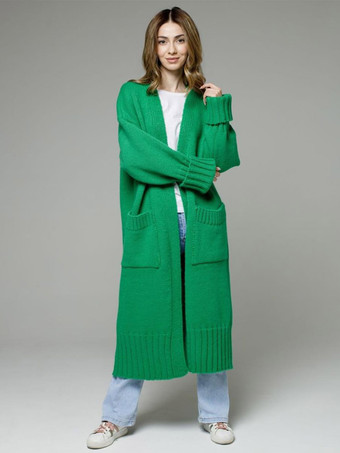 グリーン ロングラインカーディガン ドロップショルダー リブ フルレングス レディース セーター