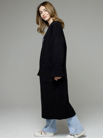 ブラック ロングラインカーディガン ドロップショルダー リブ フルレングス レディース セーター
