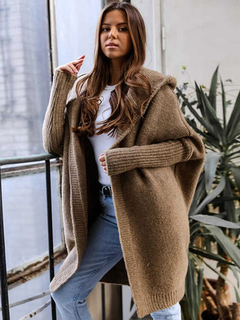 カーキ バットウィングスリーブカーディガンフード付きオープンフロントソリッドカラーセーター