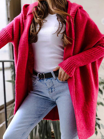 レッド バットウィングスリーブカーディガンフード付きオープンフロントソリッドカラーセーター