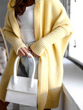 イエローバットウィングスリーブカーディガンフード付きオープンフロントソリッドカラーセーター