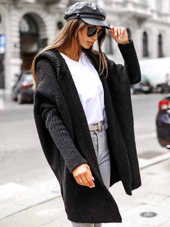 ブラック バットウィングスリーブカーディガンフード付きオープンフロントソリッドカラーセーター