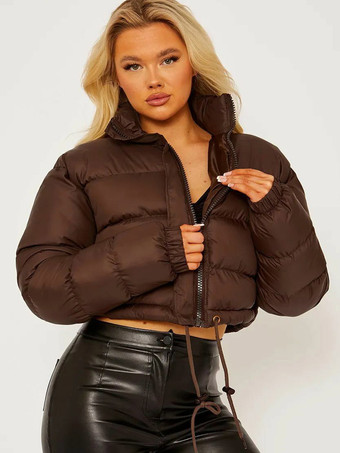 Puffer Coats Deep Brown Stand Collar Zipper Zipper Long Sleeves Drawstring Outerwear