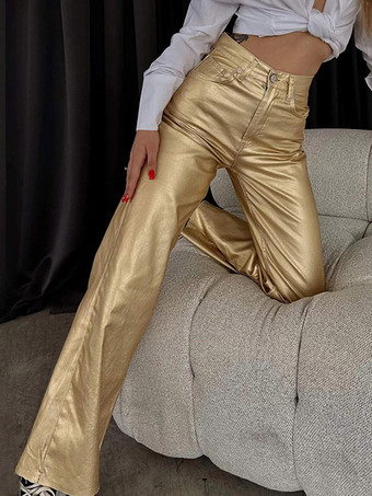 Metallic Pants High Waist Zipper Fly Wide Leg Trousers For Women