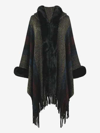 ブラック 女性ポンチョフード付きストライプタッセルトリム特大秋冬ケープ