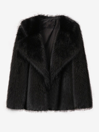 ブラック フェイクファーコート ノッチラペル 無地 エコフレンドリー 冬用ジャケット レディース 2025