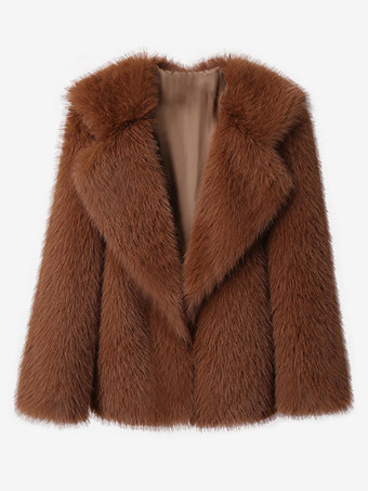 ブラウン フェイクファーコート ノッチラペル 無地 エコフレンドリー 冬用ジャケット レディース 2025