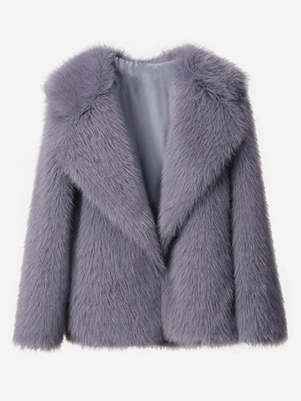 グレイフェイクファーコート ノッチラペル 無地 エコフレンドリー 冬用ジャケット レディース 2025