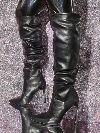 ブラック ポインテッド トゥ ハイヒール ニーハイ ブーツ
