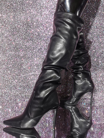 ブラック ポインテッド トゥ ハイヒール ニーハイ ブーツ