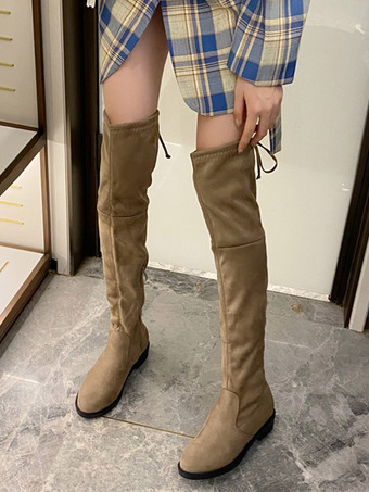 レディース サイハイ ブーツ ブラック スエード フラット オーバー ザ ニー ブーツ