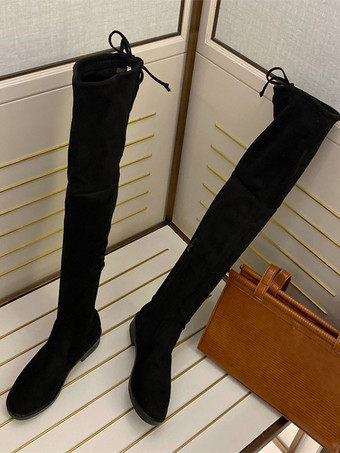 レディース サイハイ ブーツ ブラック スエード フラット オーバー ザ ニー ブーツ