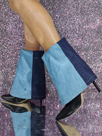 ブラック レディース アンクルブーツ キャンバス ポインテッドトゥ ハイヒール フォールドオーバー ブーティ