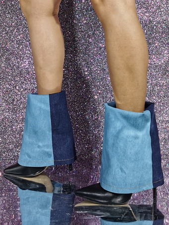 レディース アンクルブーツ キャンバス ポインテッドトゥ ハイヒール フォールドオーバー ブーティ