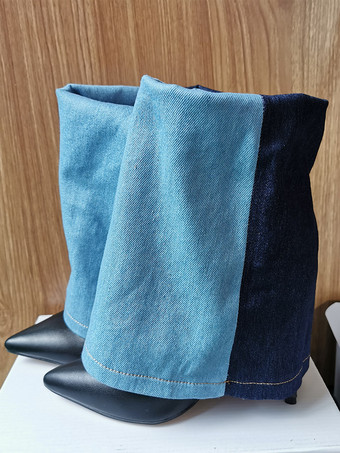 レディース アンクルブーツ キャンバス ポインテッドトゥ ハイヒール フォールドオーバー ブーティ