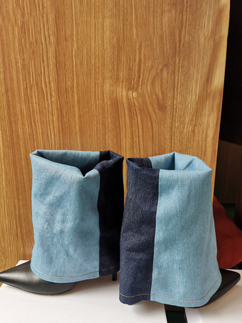 レディース アンクルブーツ キャンバス ポインテッドトゥ ハイヒール フォールドオーバー ブーティ