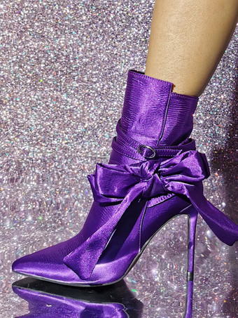 レディース サテン ポインテッドトゥ スティレットヒール アンクルブーツ
