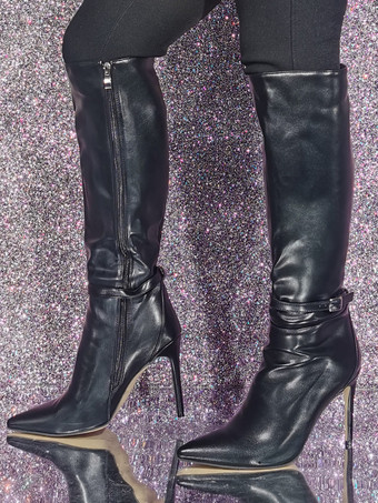 バックル付きブラック ハイヒール ニーハイ ブーツ