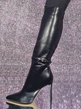 バックル付きブラック ハイヒール ニーハイ ブーツ