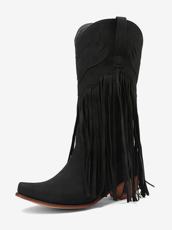 ブラック スエード ピンク ウエスタン ブーツ レディース ポインテッドトゥ タッセル カウガール ブーツ