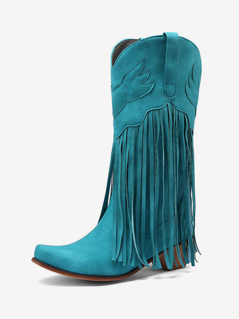 ブルー スエード ピンク ウエスタン ブーツ レディース ポインテッドトゥ タッセル カウガール ブーツ