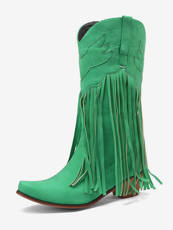 グリーン スエード ピンク ウエスタン ブーツ レディース ポインテッドトゥ タッセル カウガール ブーツ