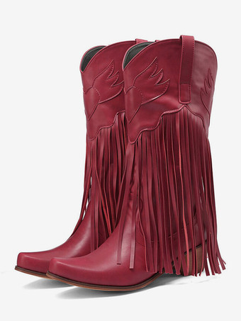 レッド スエード ピンク ウエスタン ブーツ レディース ポインテッドトゥ タッセル カウガール ブーツ