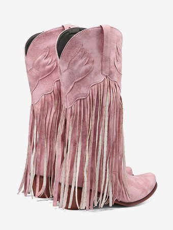 スエード ピンク ウエスタン ブーツ レディース ポインテッドトゥ タッセル カウガール ブーツ