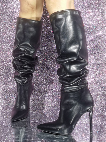 ブラック ポインテッド トゥ ハイヒール ニーハイ ブーツ スラウチ ブーツ