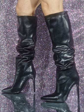 ブラック ポインテッド トゥ ハイヒール ニーハイ ブーツ スラウチ ブーツ