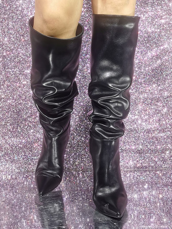 ブラック ポインテッド トゥ ハイヒール ニーハイ ブーツ スラウチ ブーツ