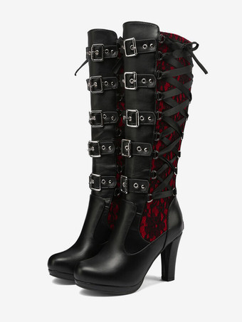 レッド レディース ヴィンテージ ブーツ チャンキーヒール ニーハイ ブーツ