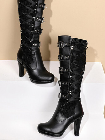 レディース ヴィンテージ ブーツ チャンキーヒール ニーハイ ブーツ