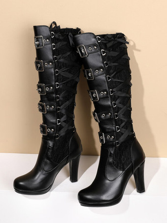 レディース ヴィンテージ ブーツ チャンキーヒール ニーハイ ブーツ