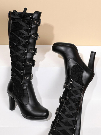 レディース ヴィンテージ ブーツ チャンキーヒール ニーハイ ブーツ