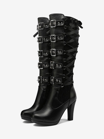 ブラック レディース ヴィンテージ ブーツ チャンキーヒール ニーハイ ブーツ