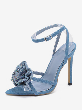 ライトスカイブルーレディース ヒール サンダル ポインテッドトゥ スティレットヒール テキスタイル サンダル