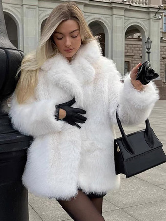 フェイクファーコート ホワイト ノッチラペル エコフレンドリー 冬用ジャケット レディース 2025