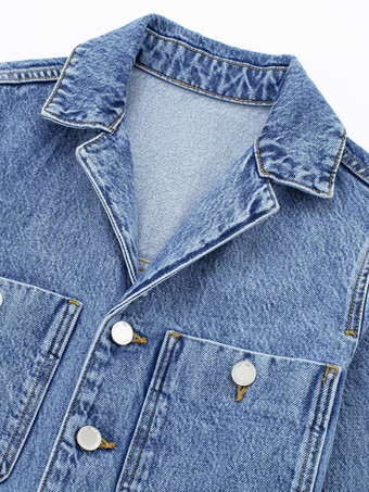 デニム ジャンプスーツ プリーツ ネック フロント ボタン ストレート ソリッド カラー 遊び着